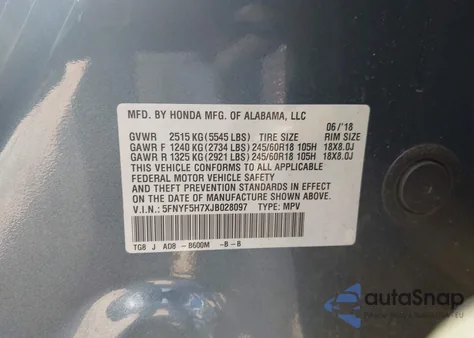 2018 Honda Pilot Ex-L from USA, damaged, VIN 5FNYF5H7XJB028097